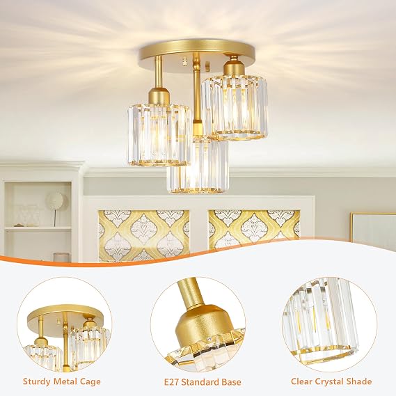 Rayofly Modern Crystal Chandeliers Ceiling Light, 3-Lights Crystal Ceiling Lights Living Room, Gold Ceilings Light with Glass Lampshades, Ceiling Light Fittings for Kitchen, Bathroom, Bedroom, Hallway [Energy Class A]