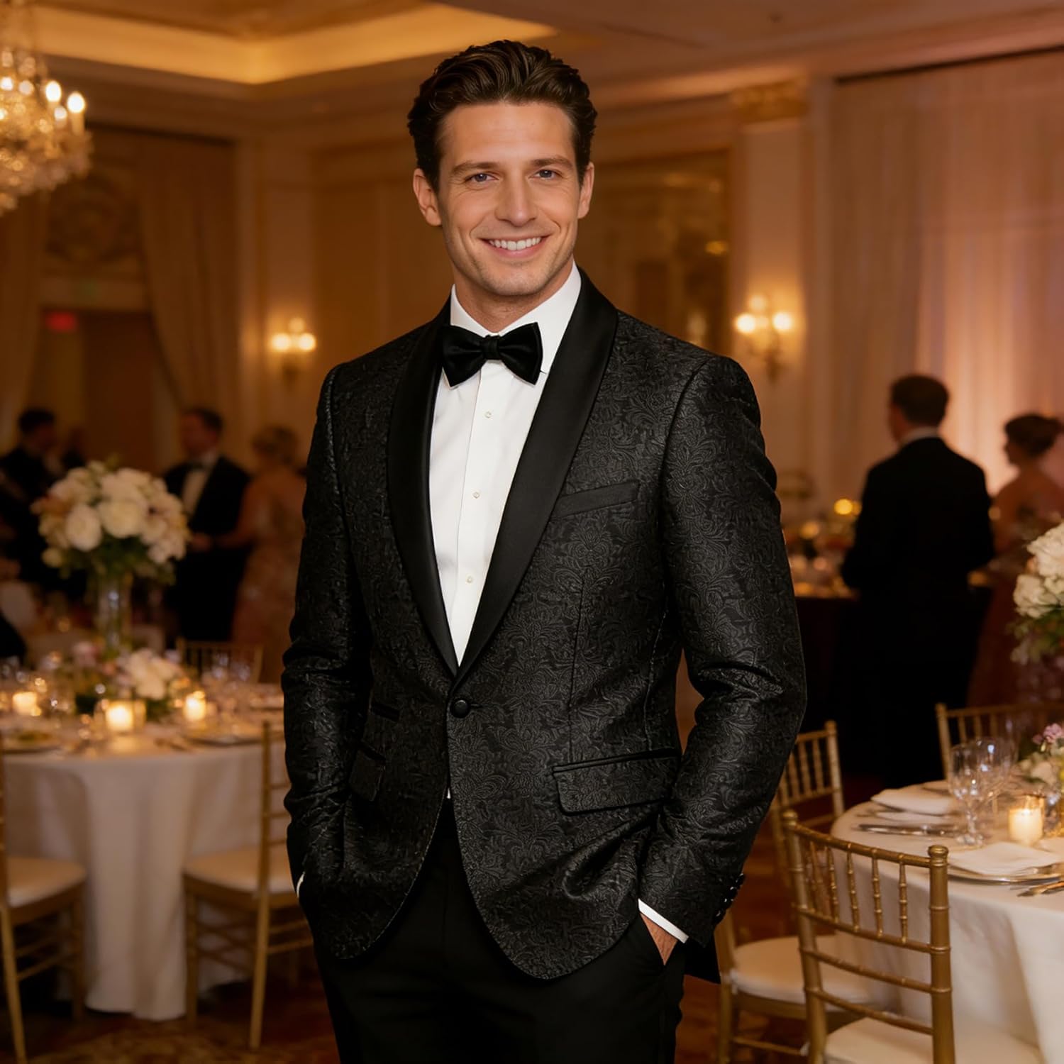 Mens Floral Tuxedo 2 Piece Suit Slim Fit Blazer Jacket Pants for Prom Party Wedding Shawl Lapel