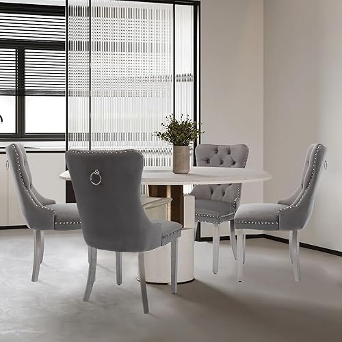 Miniatura 105 de Juego de 6 Sillas de Comedor Tapizadas en Terciopelo, Sillas Laterales de Cocina de Estilo Moderno con Ribete de Tachuelas y Patas de Madera, Anillo