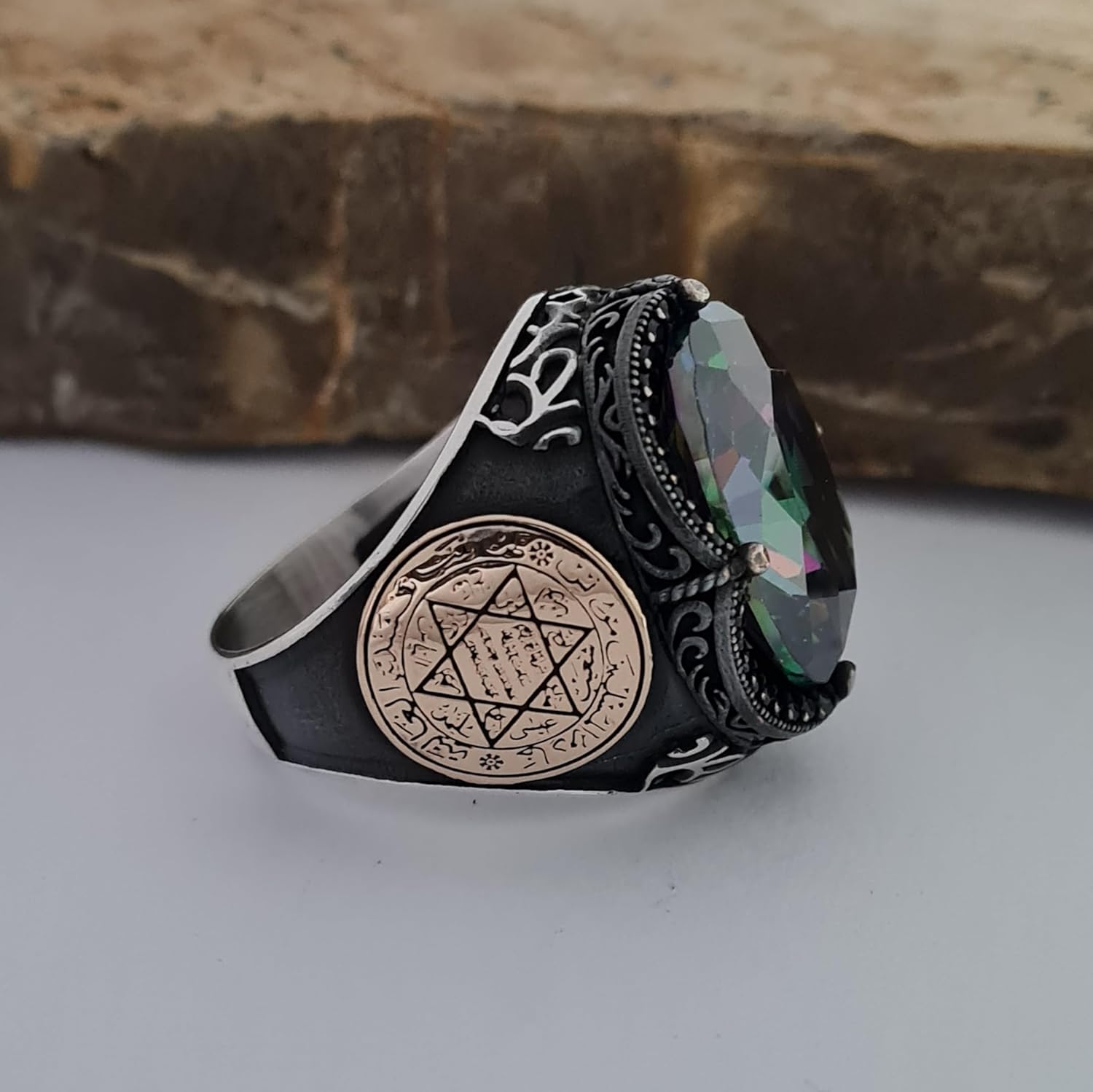 Solomon Symbol Ring-Handcrafted Mystic Topaz Stone Silver Ring with Seal of Solomon, 925 Sterling Silver Gift for Men - Symbolic Ring