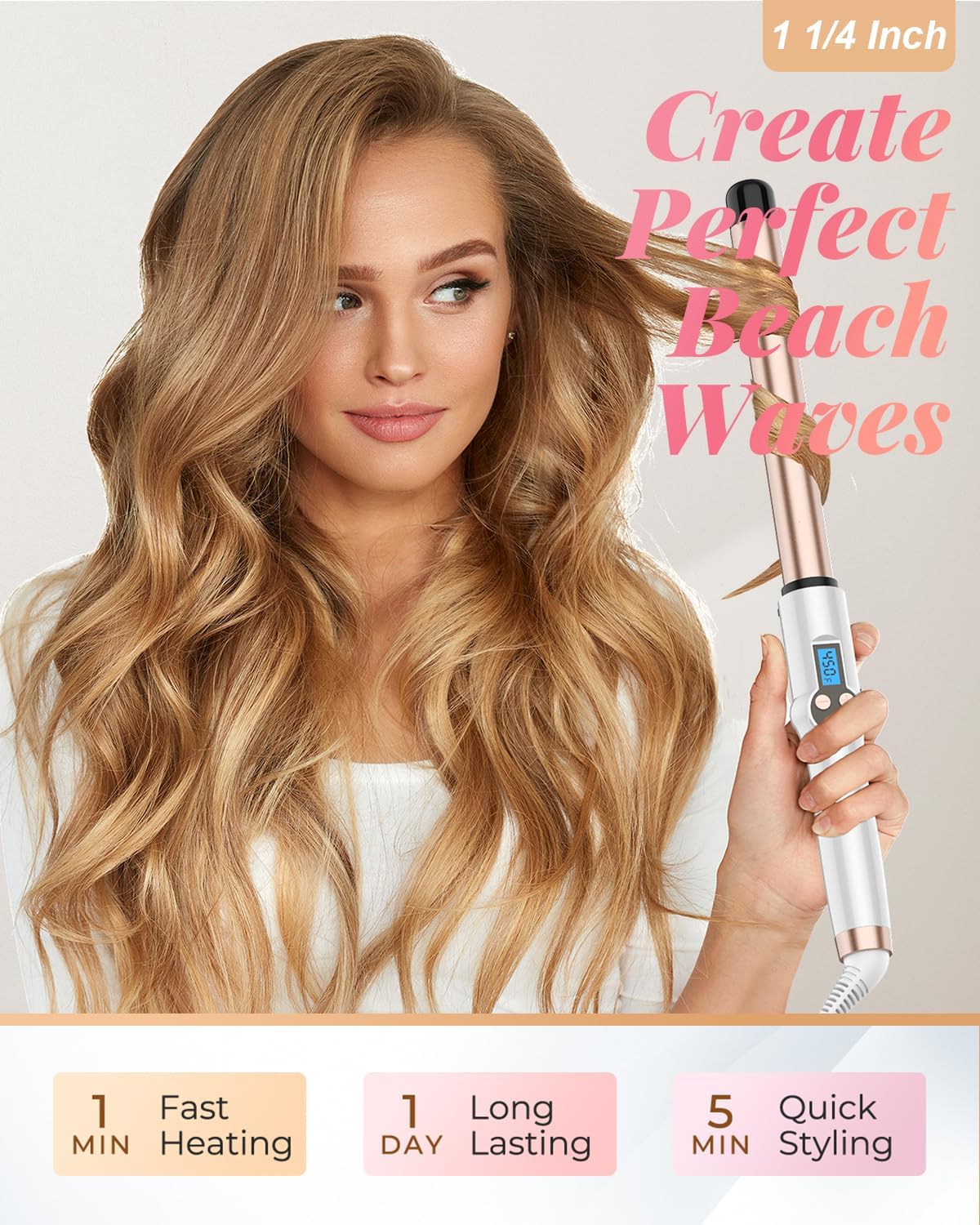 1 1/4 Inch Extra Long Barrel Curling Wand, Ceramic Tourmaline Curling Wand Professional Dual Voltage with Adjustable Temperature - Image 2