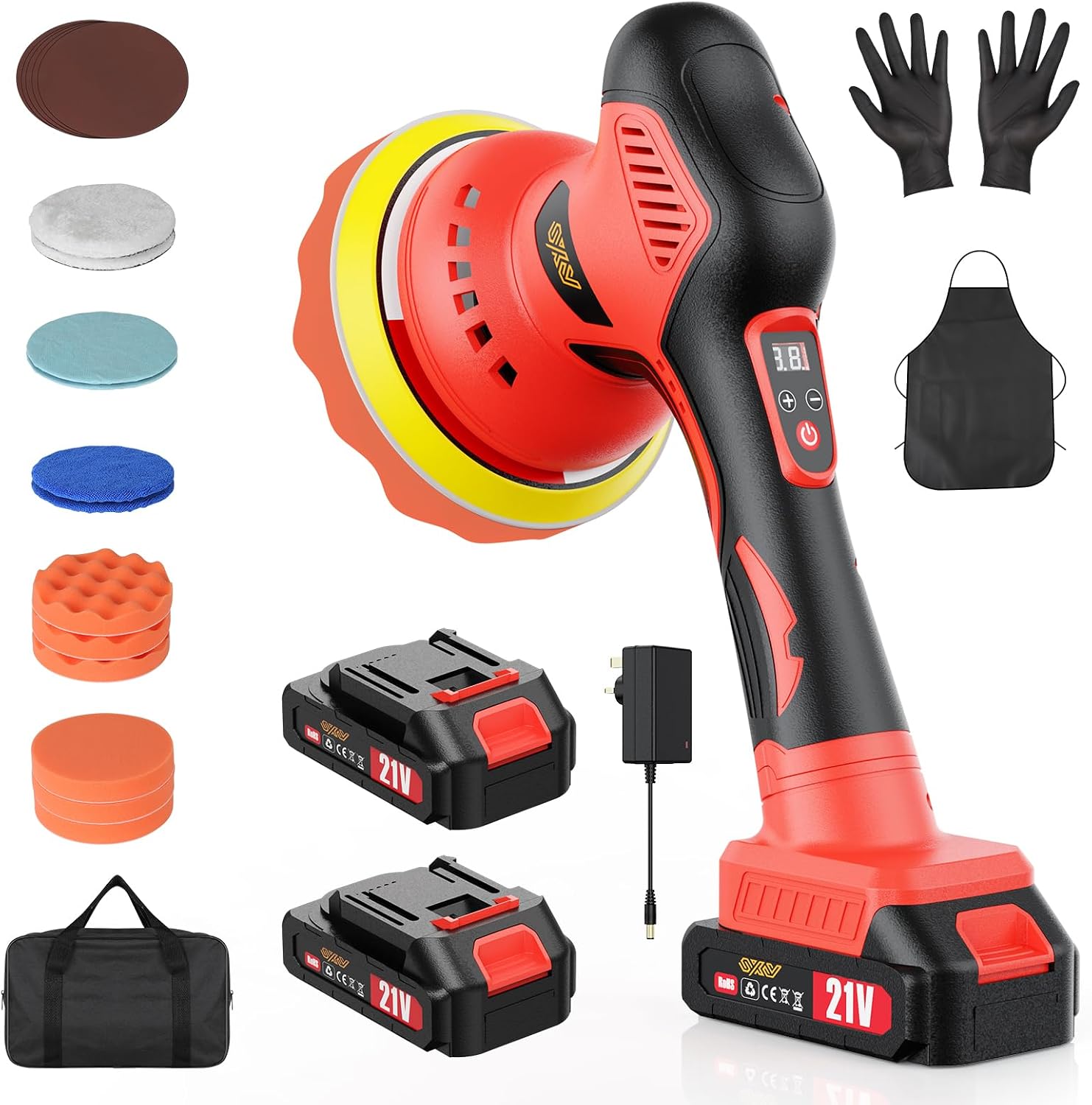 Innsky cordless polisher with two 21V batteries and a 21-piece pad kit