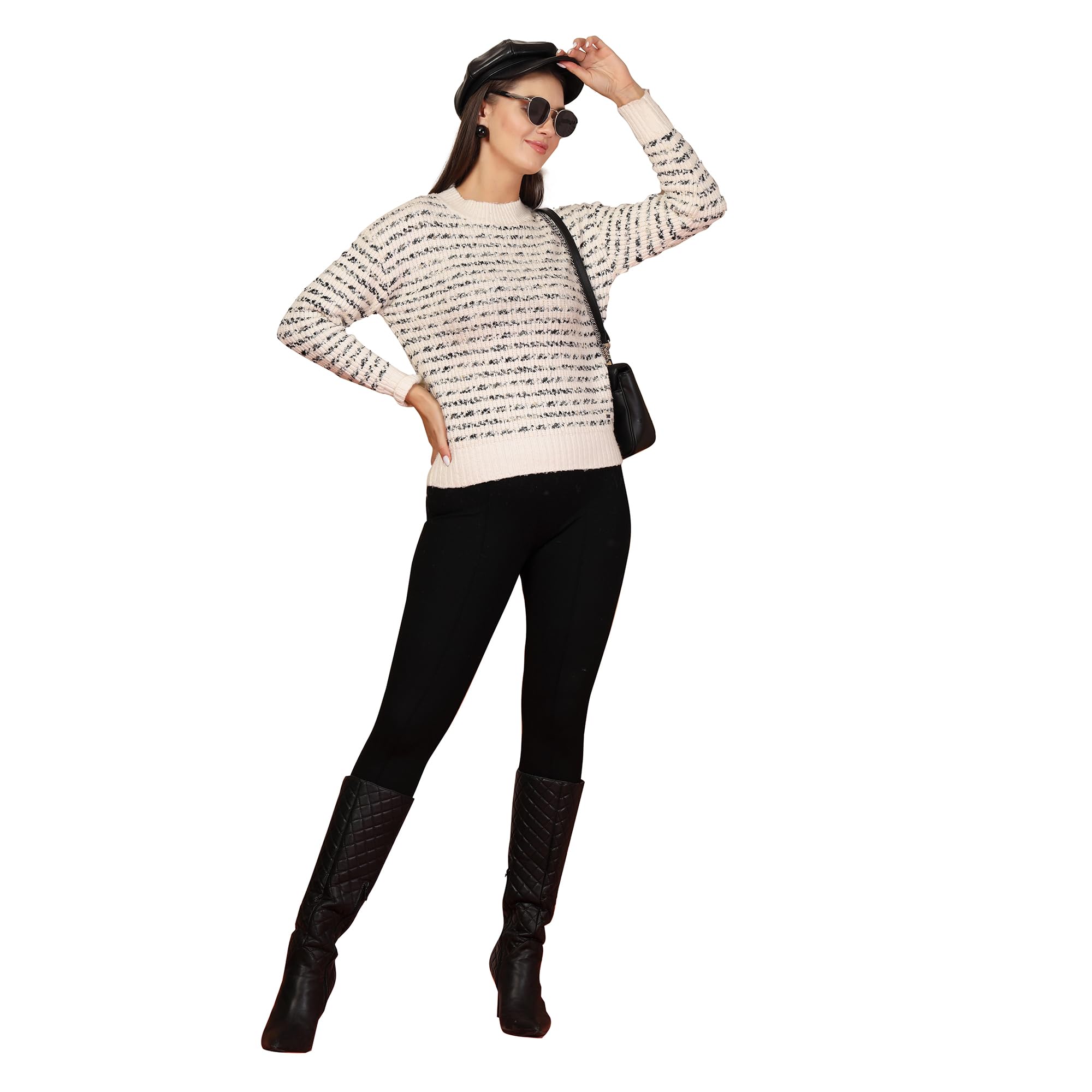 thirty threads Women Checked Round Neck Woollen Pullover Sweater Off White_T5W 25310-picture-25