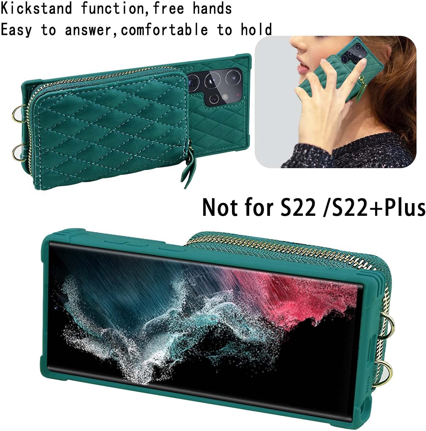 MONASAY Zipper Wallet Case Fit for Galaxy S22 Ultra 5G, [Screen Protector ][RFID Blocking] Flip Leather Handbag Phone Cover with Card Holder and Crossbody Shoulder Lanyard Strap, Dark Green