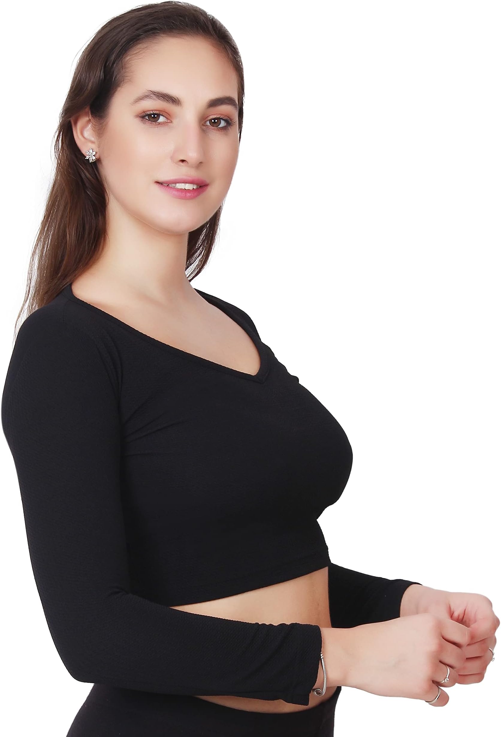 Women's Basic Sexy Solid V-Neck Slim Fit Full Sleeve Crop Stretchable Tops for Women (Pack of 1)