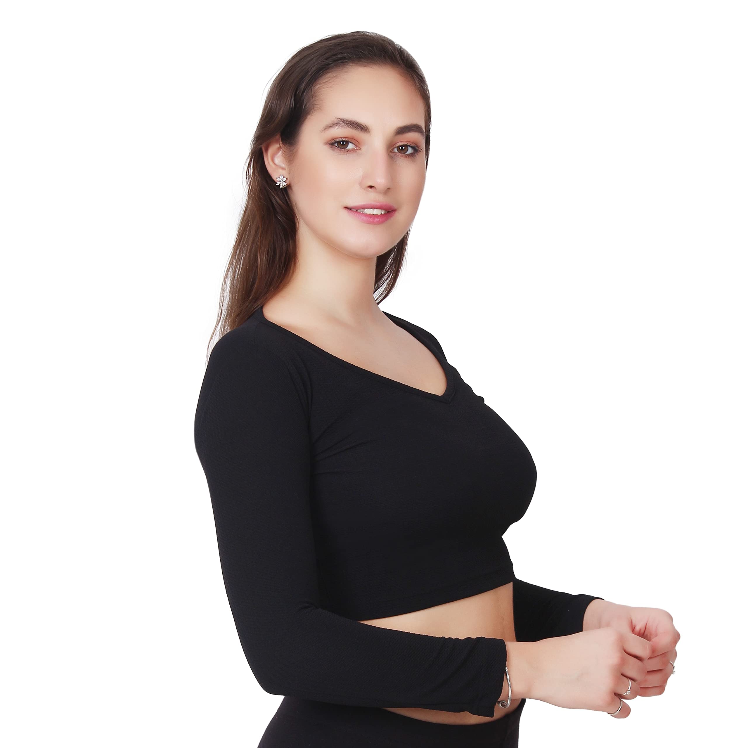 Women's Basic Sexy Solid V-Neck Slim Fit Full Sleeve Crop Stretchable Tops for Women (Pack of 1)