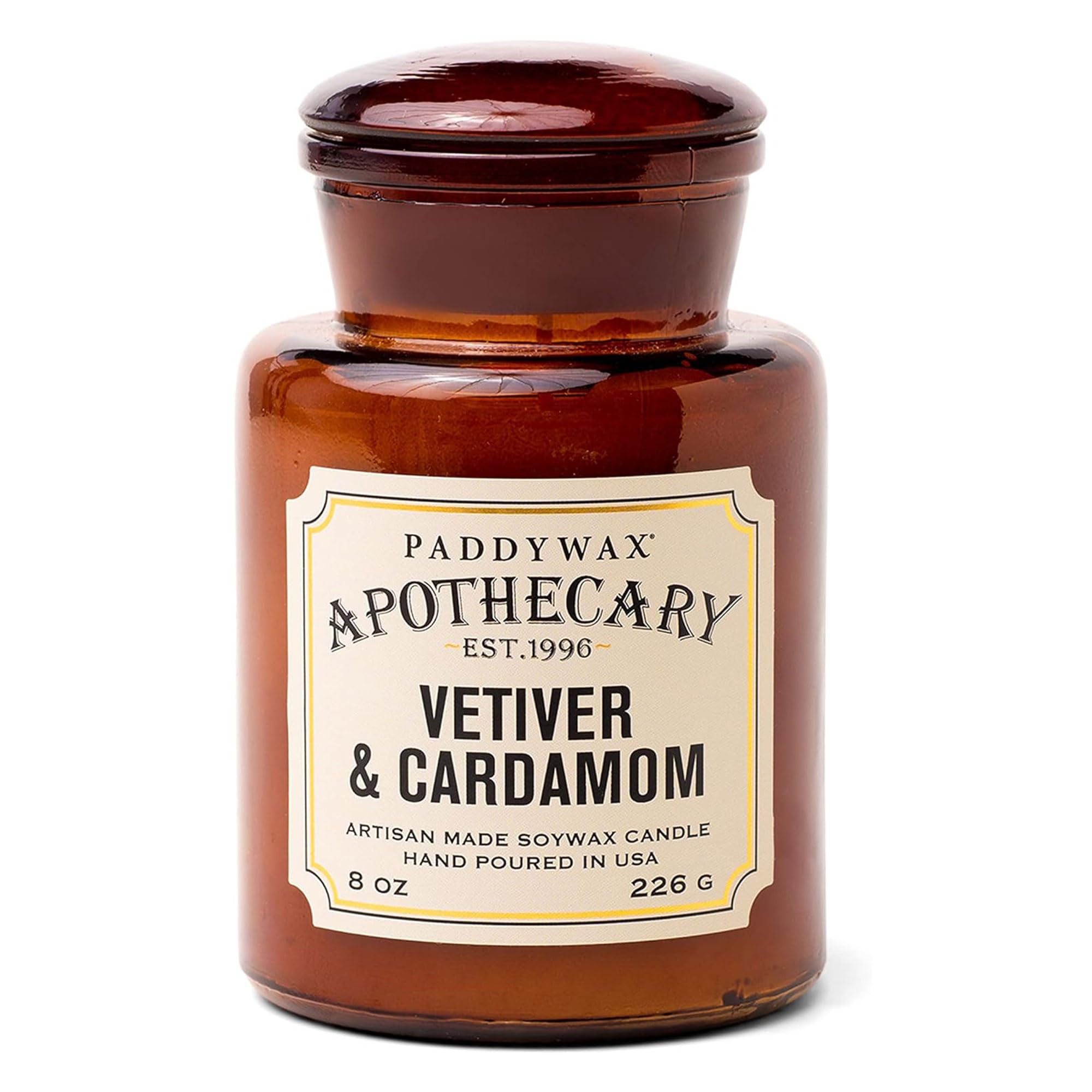 Artisan Apothecary Scented Candle with Lid in Reusable Glass Jar, Clean-Burn Soy Candle with Approx. 54 Hour Burn Time, Vetiver & Cardamom, 8 oz.