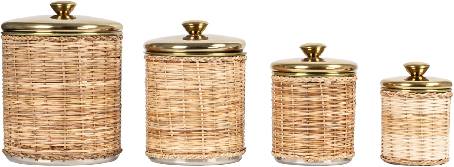 Creative Co-Op Rattan Wrapped Stainless Steel Canisters, Set of 4, Brass Finish