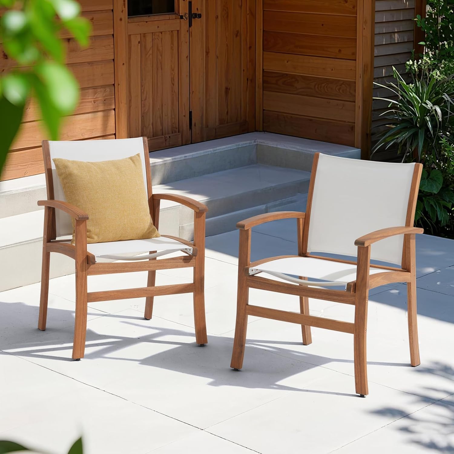 OC Orange-Casual Patio Furniture Set, Outdoor Chairs Set with Acacia Wood Frame and Metal Support Bars,Breathable Textilene Fabric Curved Armchair Support 350lbs for Lawn, Garden (White, 6 Pieces)