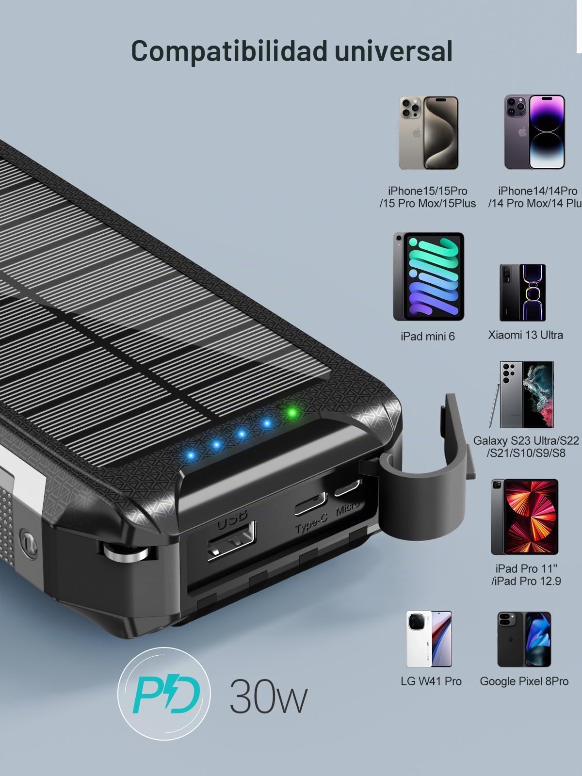 Banco de energía solar de 26800 mAh con 4 cables, magnético inalámbrico, carga rápida, 30 W, USB C, cargador portátil de 7 salidas, batería externa con linterna para camping al aire libre teléfono