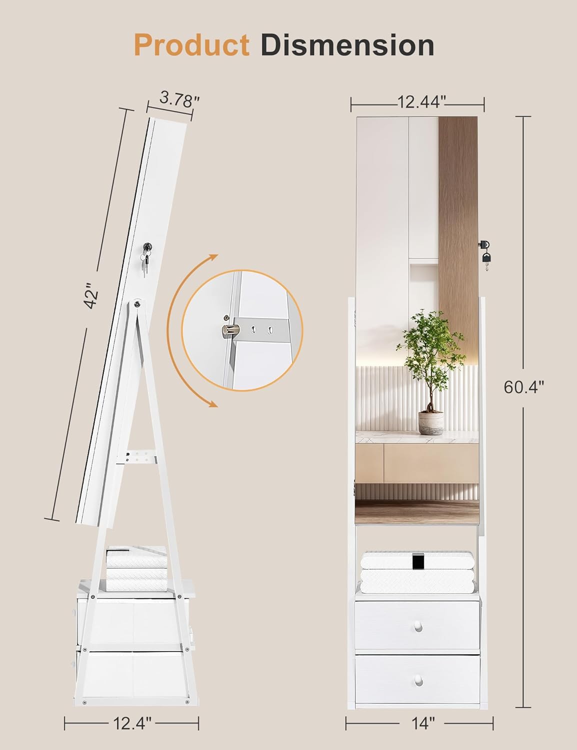 Nicetree Jewelry Cabinet Armoire with 2 Drawers, Lockable Standing Mirror Jewelry Cabinet, Full Length Mirror with Jewelry Storage, Gift Idea, White
