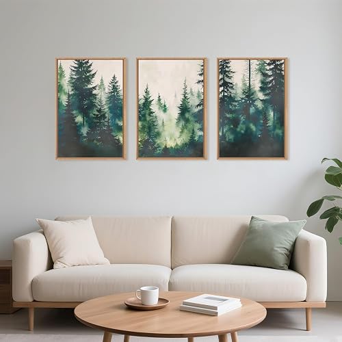 DRACIT Watercolor Misty Green Forest Framed Canvas Wall Art Set,Modern