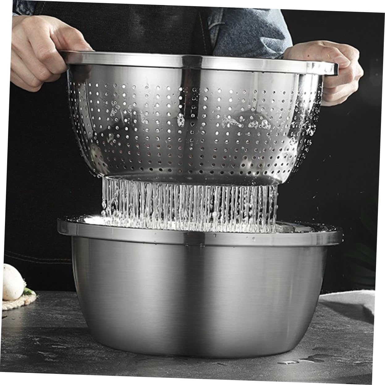 Hemobllo Set Scolapasta in Acciaio Inox a Doppio Strato Fori Fini e Rete Interna, Ciotola Multifunzione per Lavare Frutta e Verdura, Portatile per Cucina Indoor e Campeggio