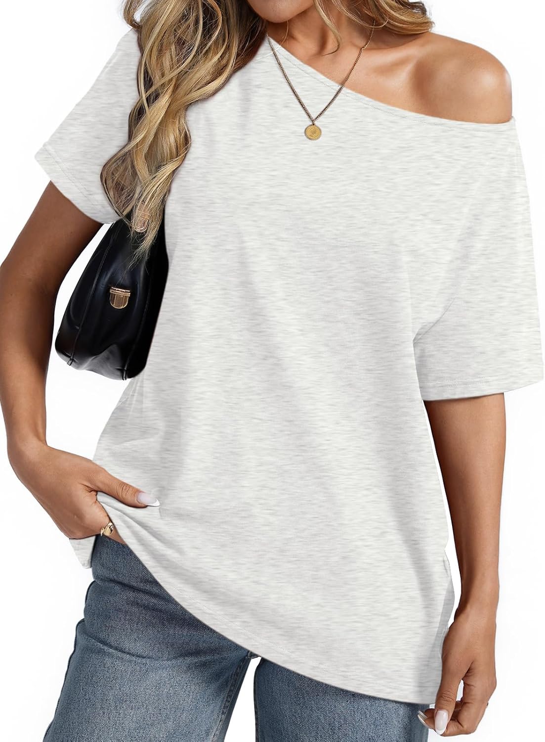 Womens Cotton Off The Shoulder Tops Oversized Short Sleeve T-Shirts Casual Summer Tees Trendy Clothes 2025 Light Grey - Image 4