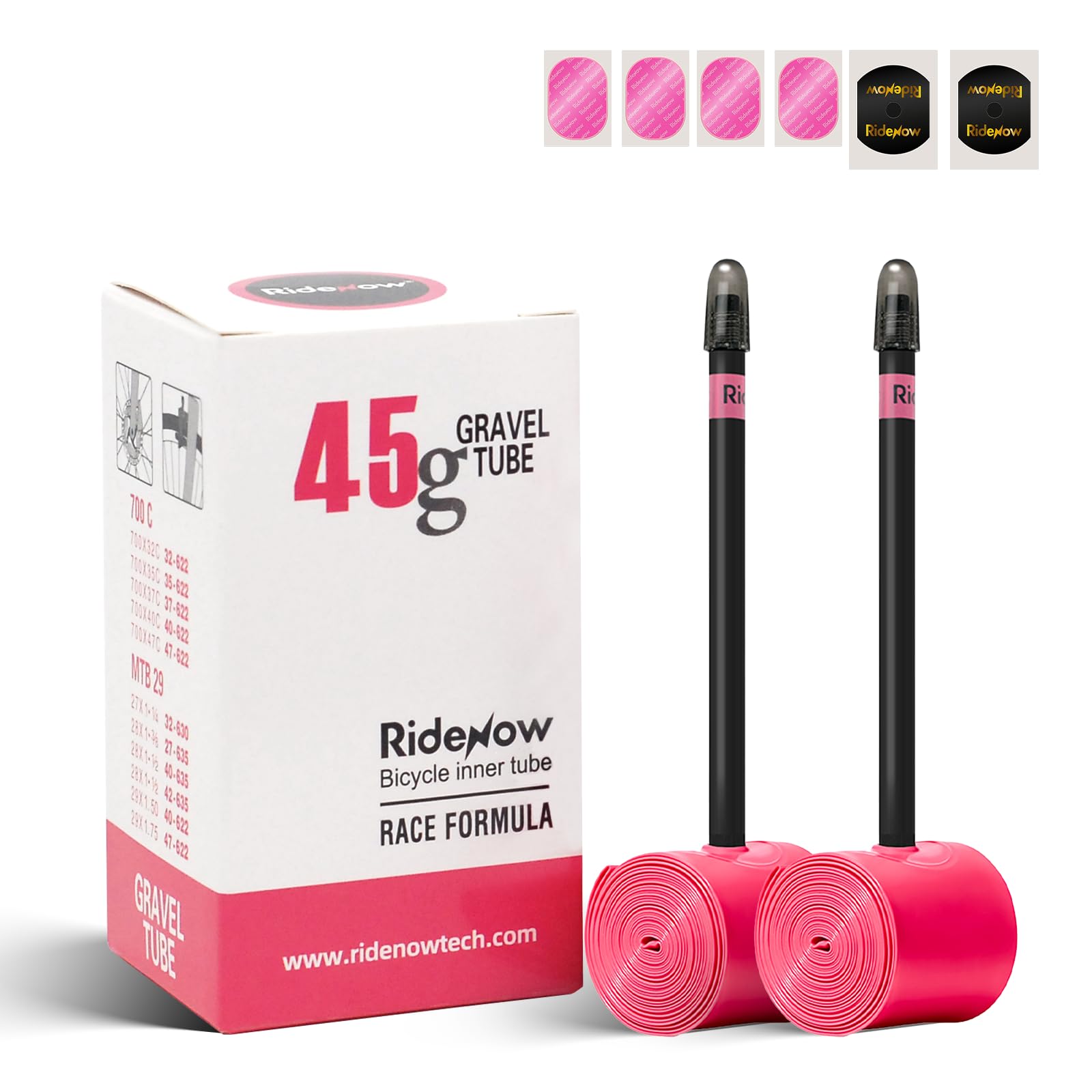 RideNow TPU Road Bike Inner Tube, 2 Pack Gravel Bike Tube 700 x 32C-47C with 45mm/65mm/85mm Presta Valves, Ultra-Light Puncture Resistant Bicycle