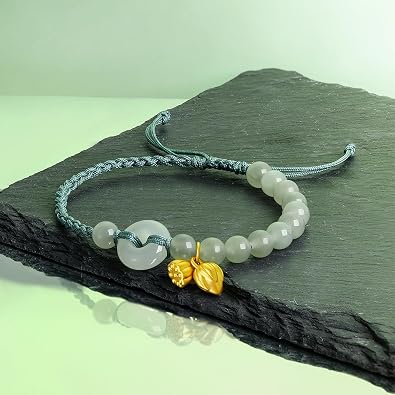 24K Solid Gold Bracelet for Women, Real Pure Gold Jewelry Fortune Lotus Charm Gold Green Jade Round Bead Braided Bracelet for Men Mom Y1711831