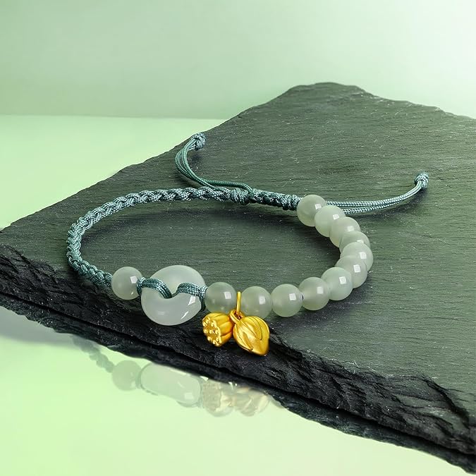 24K Solid Gold Bracelet for Women, Real Pure Gold Jewelry Fortune Lotus Charm Gold Green Jade Round Bead Braided Bracelet for Men Mom Y1711831