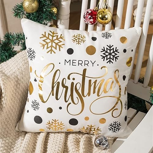 Miniatura 2 de Juego de 4 fundas de almohada de Navidad de 18 x 18 pulgadas, fundas de almohada doradas con estampado de copos de nieve a rayas, fundas de cojín