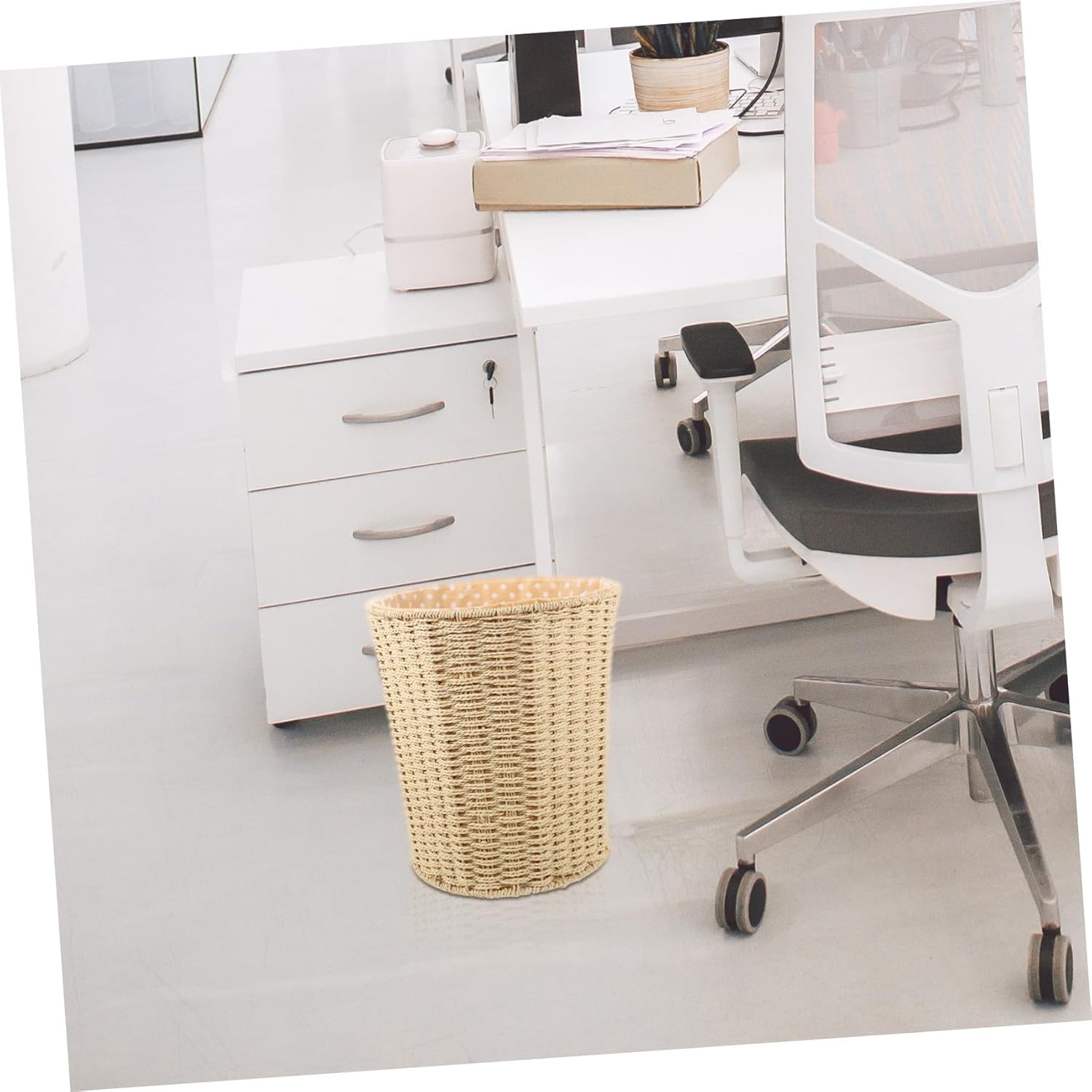 ARTIBETTER Woven Storage Basket Trash Bin with Liner Beige Rattan Wastebasket for Bedroom Kitchen Living Room Home Organization Random Style