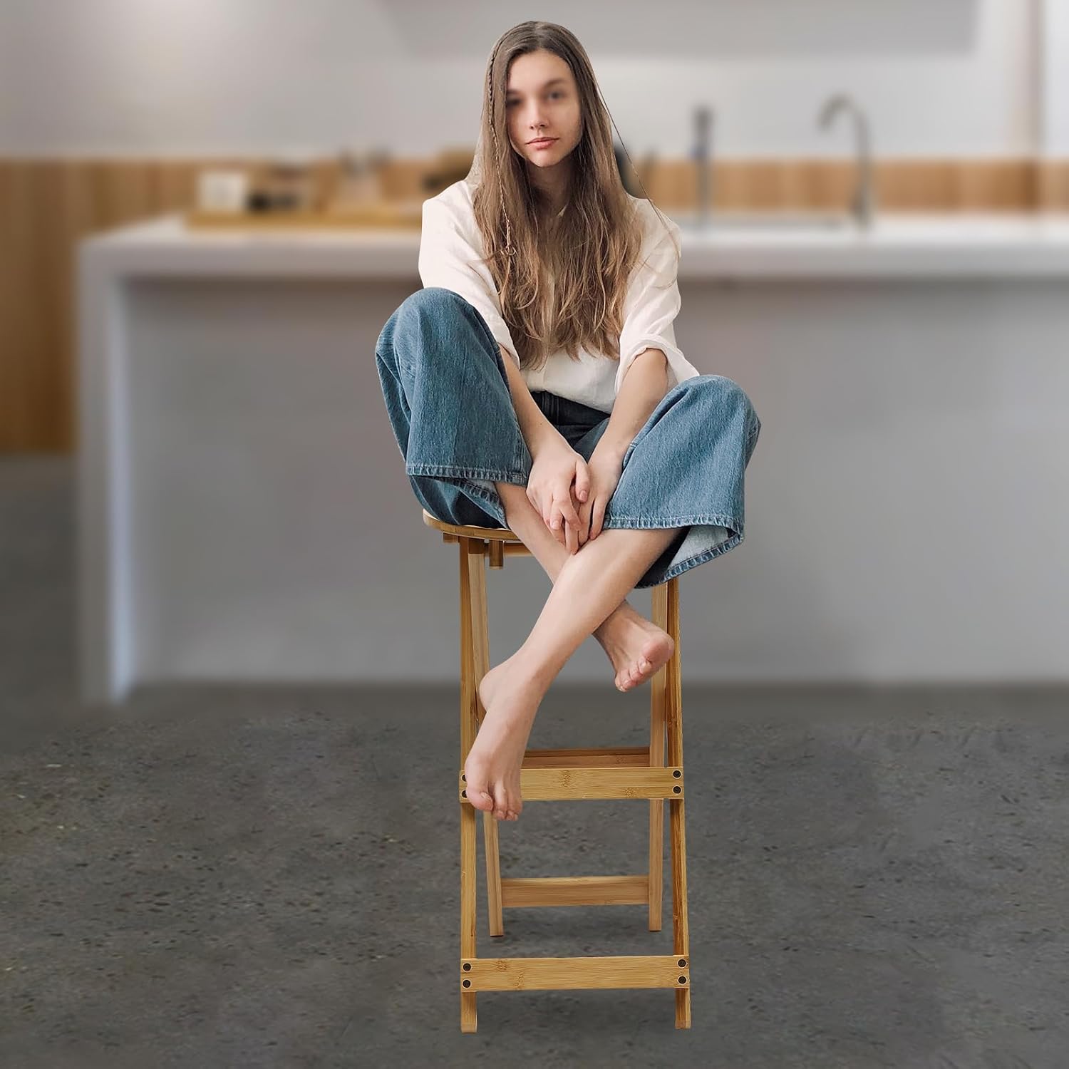 Folding Bamboo Bar Stool with Backrest and Footrest, Portable Bar Chairs,Casual Chairs for Home, Kitchen Island, Breakfast, No Assembly