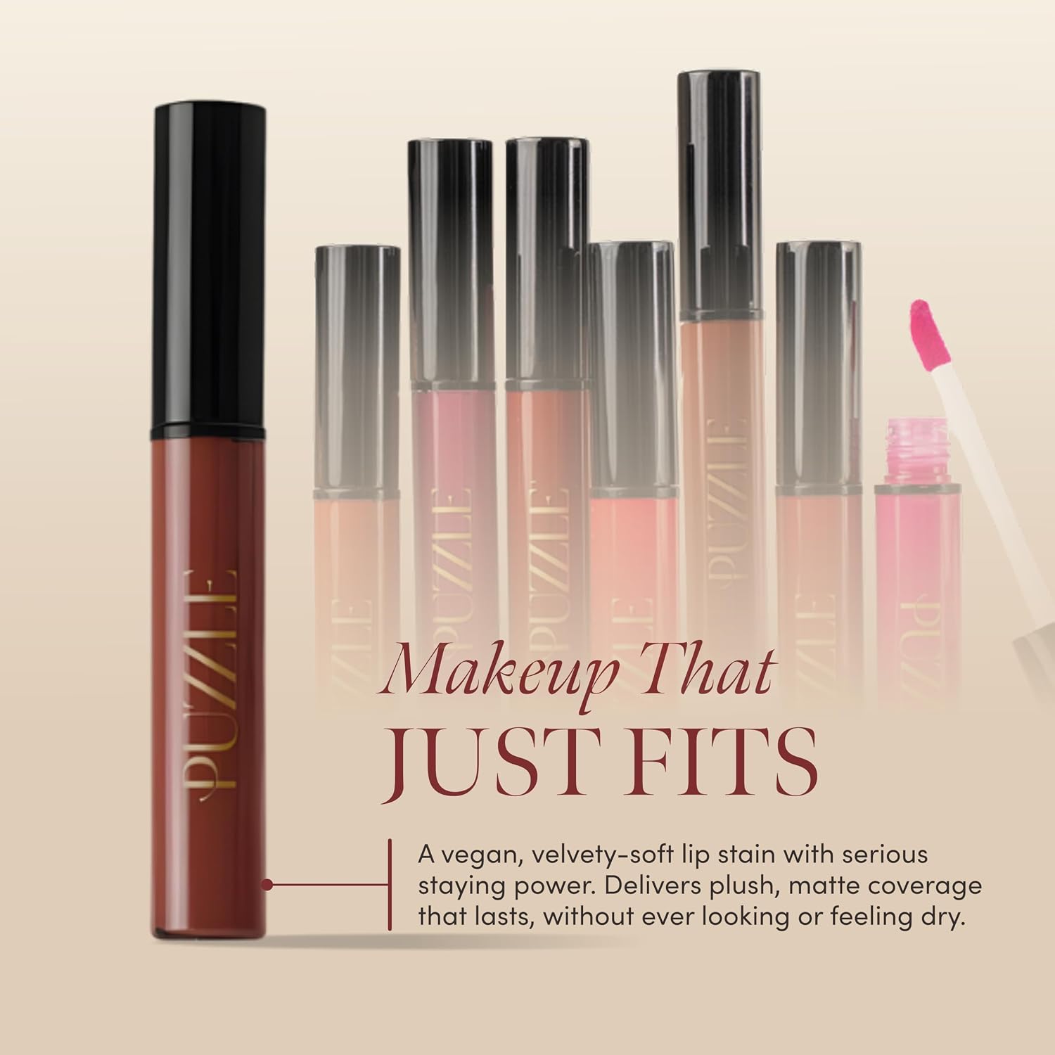 PUZZLE Soft Matte Lip Stain, Long Lasting Lip Tint for Evolving & Mature Lips, High Pigment Lip Color, Non-Drying, Clean Vegan Lip Stain for Everyday Wear - Zinfandel
