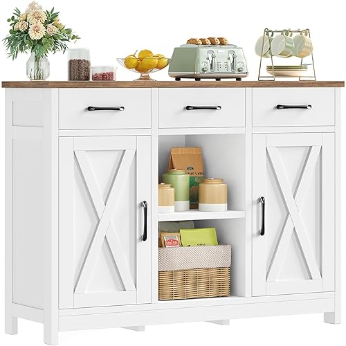 TEENFON Storage Cabinet, Coffee Bar Cabinet with 3 Drawers, 2 Adjustable Shelves & 2 Doors, Buffet Cabinet, Kitchen Cabinet for Kitchen, Dining Room, Living Room, White