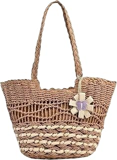 kvinnor halmrotting axelväskor stor kapacitet boho-handväska med blommigt hänge, vävda underarmsväskor, ihålig design för resor semester shopping