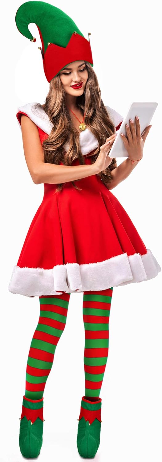 5 Pieces Christmas Costume Accessories Set, Christmas Elf Hat Elf Shoes Christmas Striped Tights Bell : Clothing, Shoes & Jewelry
