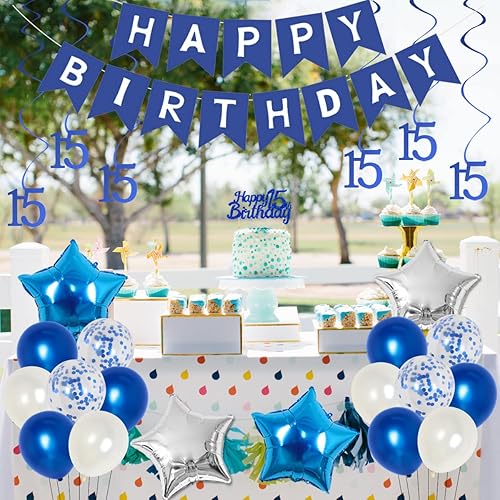 Miniatura 5 de Jollyboom Decoraciones de cumpleaños número 15: suministros de fiesta azul para adolescente, pancarta de feliz cumpleaños, globos de papel de
