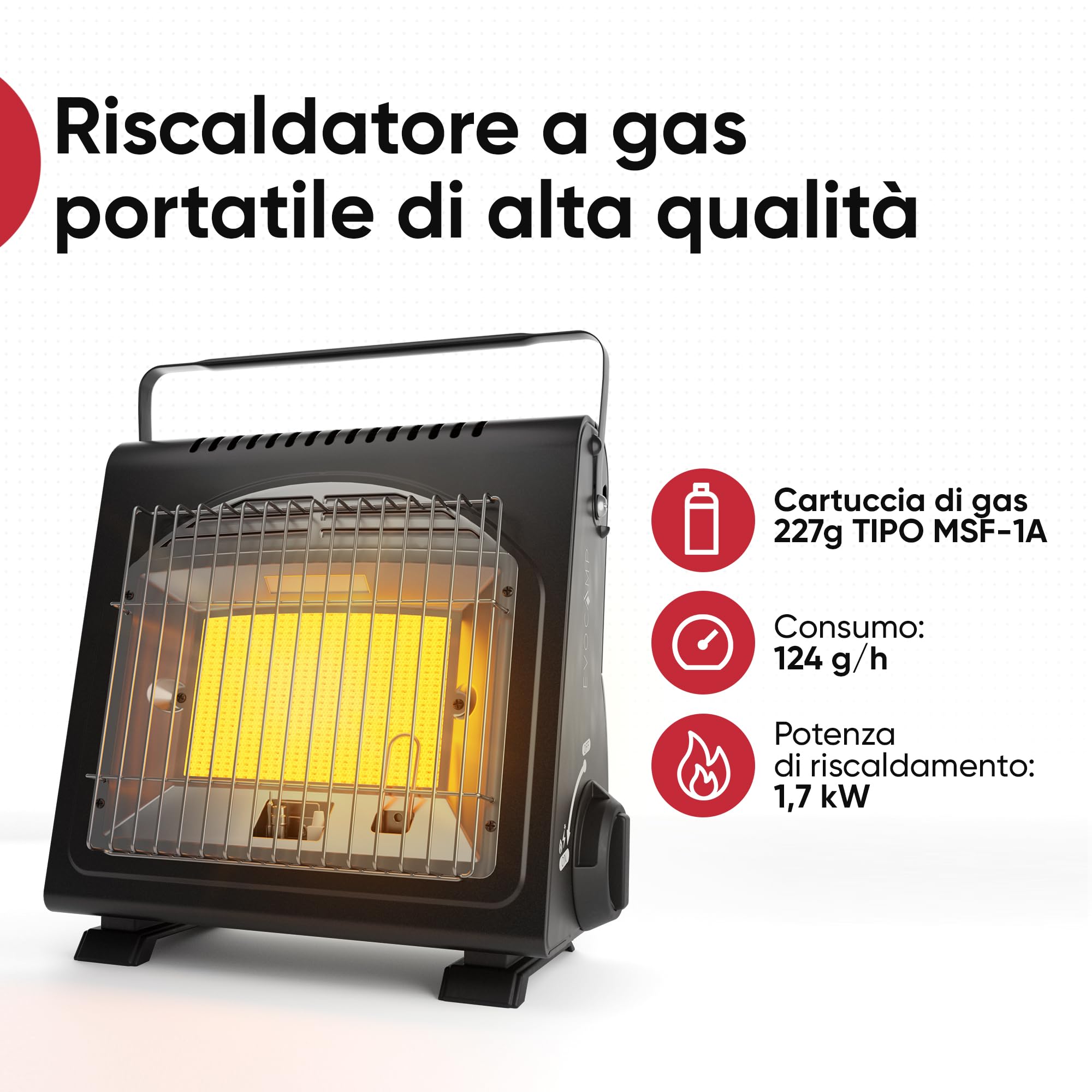 EVOCAMP Riscaldatore a gas portatile, riscaldatore da campeggio 1,7 kW, riscaldatore a gas per esterni con sistema di sicurezza contro la carenza di ossigeno (+ 4 cartucce di gas)