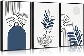 3Pcs Navy Blue Boho Wall Art Abstract Bohemian Canvas Poster Print Geometric Botanical Lines Picture Minimalist Mid-Century Modern Painting Wall Decor for Bathroom Bedroom Office 12x16in Unframed