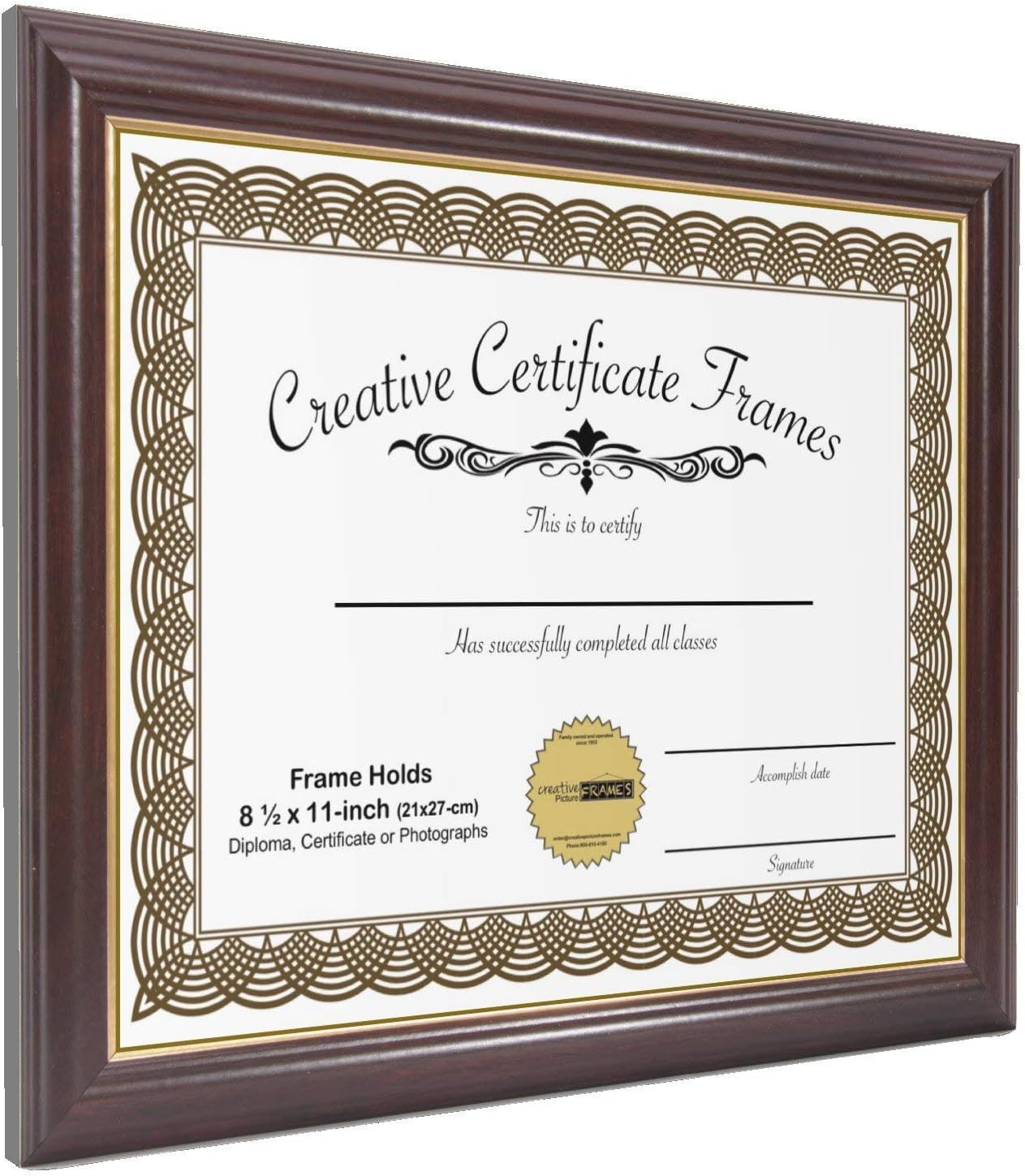 Creative Picture Frames 8.5X11Mh/Gd Mahogany With Gold Inlay Certificate Frame Displays 8.5 By 11-Inch Media, Diploma Frame With Installed Stand Wall Hanger
