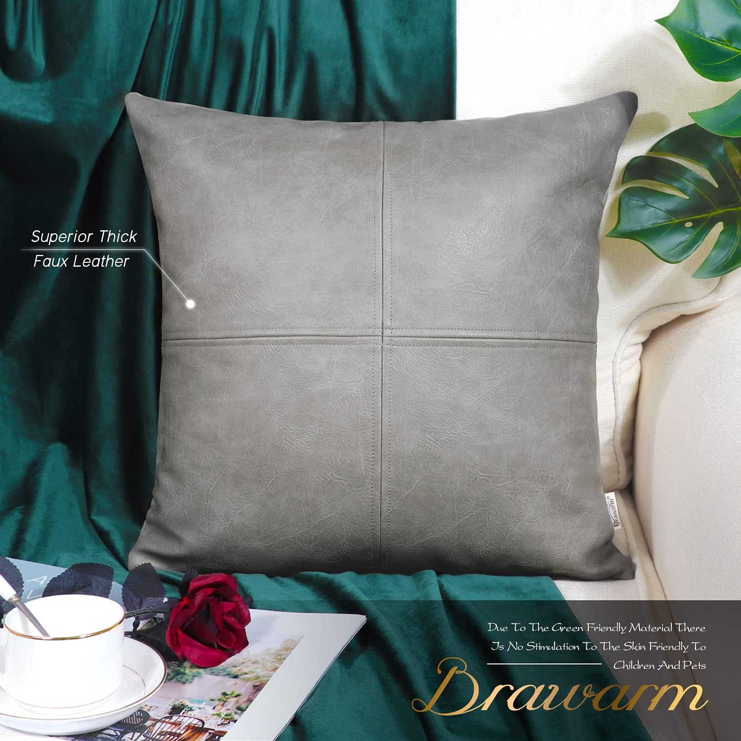BRAWARM Faux Leather Throw Pillow Covers 20 X 20 Inches, Gray Leather Pillow Cover, Hand Stitched Leather Decorative Pillow Cover for Couch Sofa Bed Living Room Home Garden