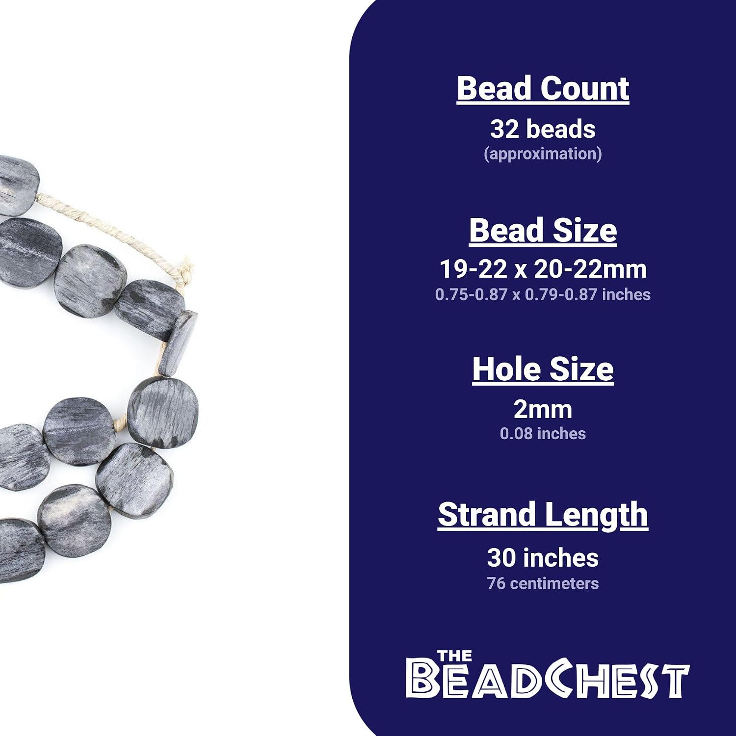 The Bead Chest Dark Grey Bone Beads Circular 21mm Kenya African Flat Large Hole 30 Inch Strand Handmade