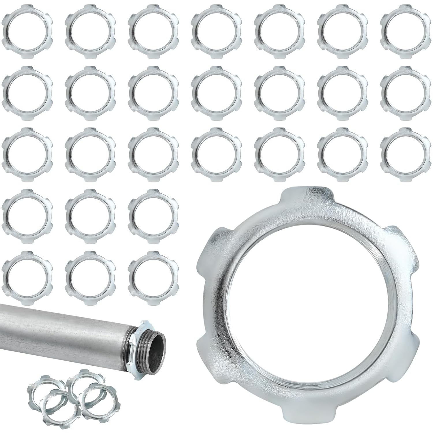 Yaocom 50 Pcs Electrical Conduit Lock Nut Rigid Lock Nut Galvanized Steel Sealing Electrical Conduits Fittings for Rigid IMC Chemical Pipelines and Industry, Silver (1/2 Inch)