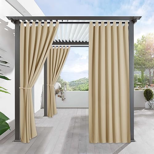 RYB HOME Outdoor Patio Curtains - Blackout Waterproof Porch Curtains & Drapes Privacy Protect Sunight Block for Pavilion Pergola Porch, 1 Panel, W 52 x L 84 inch, Cream Beige