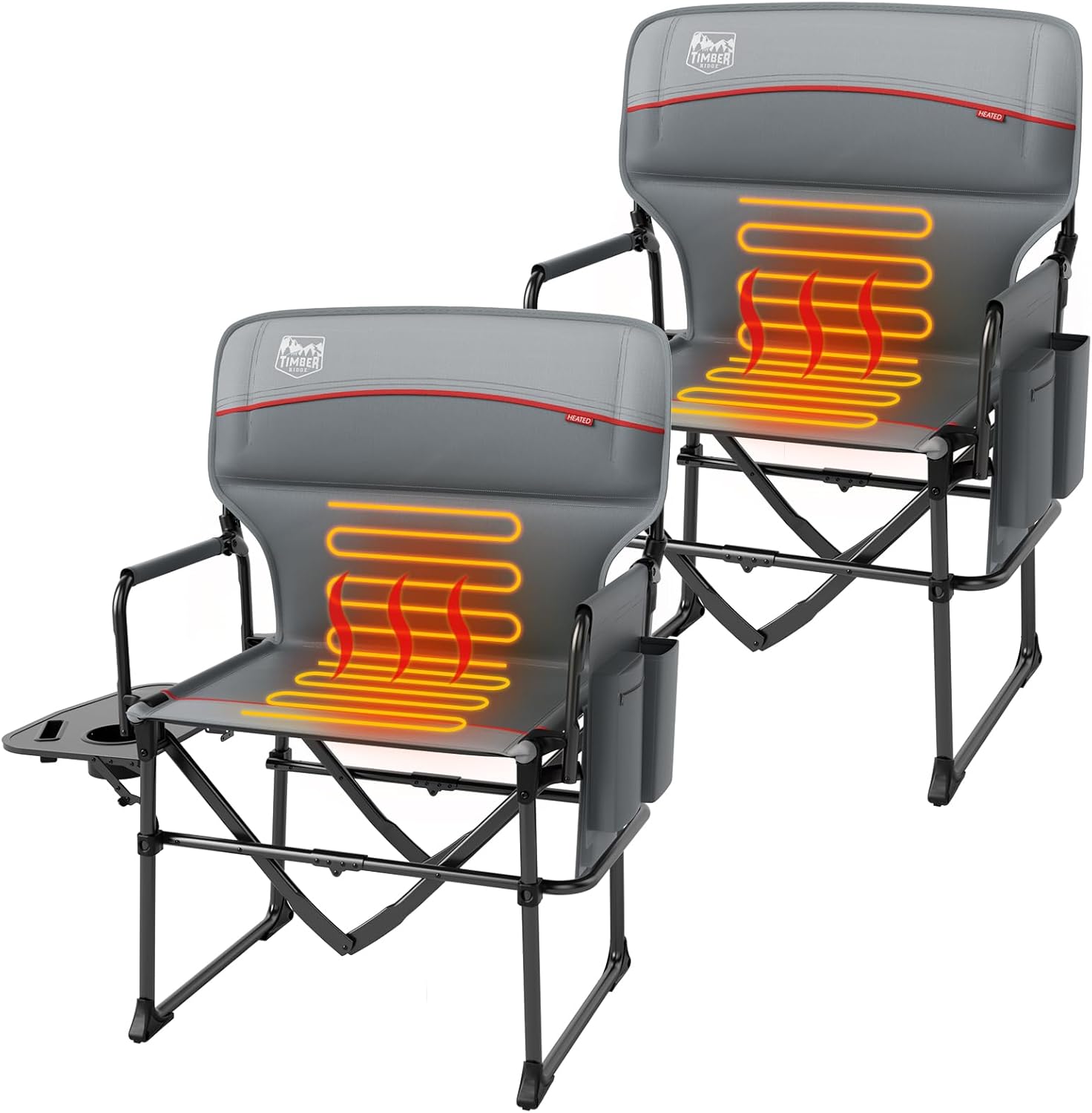 TIMBER RIDGE Heavy Duty Aluminium Heated Camping Chair with Compact Size, Portable Directors Chair Supports 400lbs with Side Table and Pocket for Camping, Lawn, Sports 2 Set(Power Bank not Included) - Amazon product rated Grade A