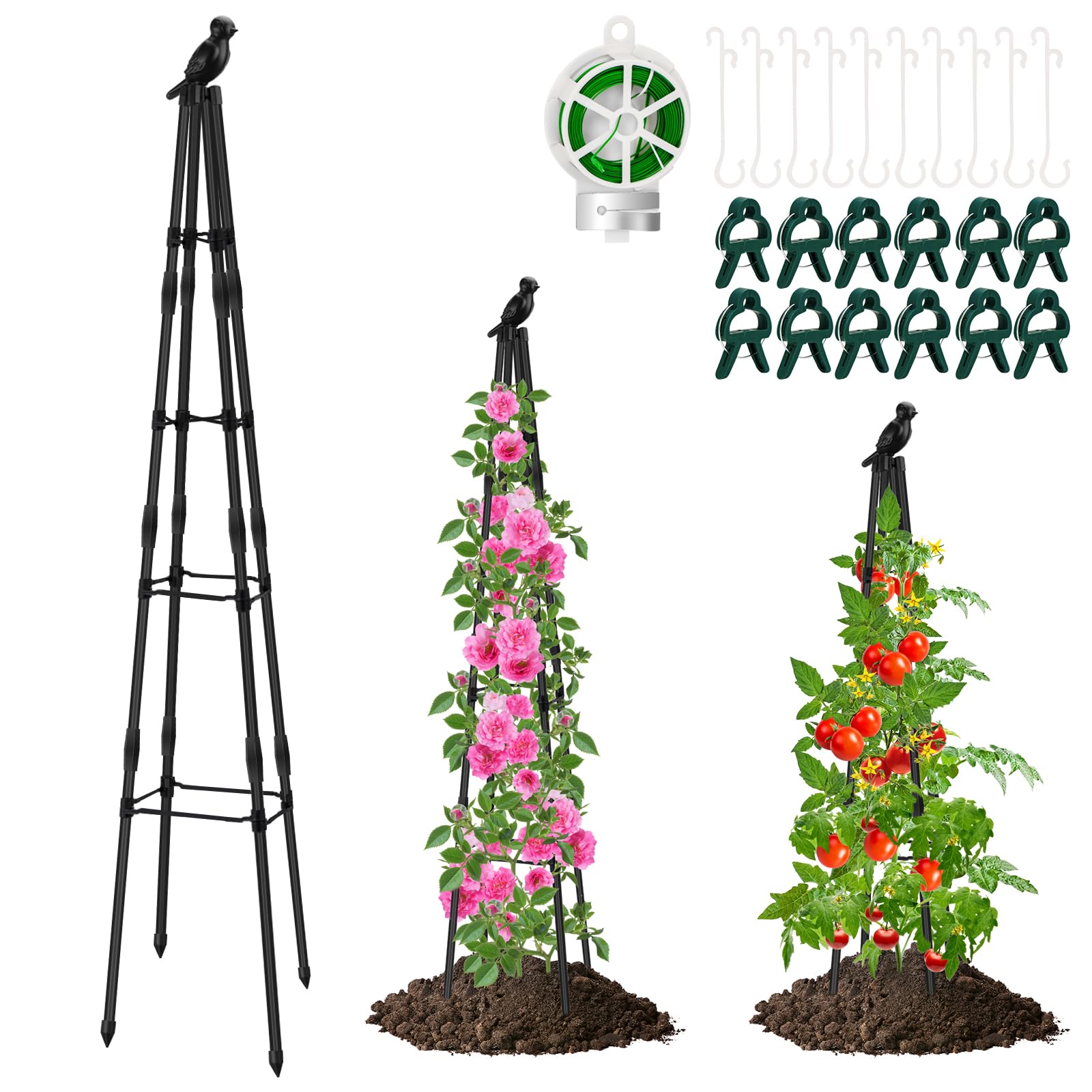 Yotako 160cm Garden Trellis for Climbing Plants - Metal Obelisk with 20m Tie 10 Clips 10 Hooks, Rustproof Adjustable Plant Support Frame for Sweet Pea, Roses, Tomatoes, Cucumber, Clematis