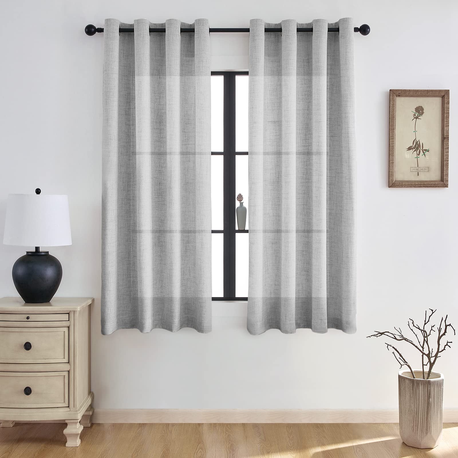 Melodieux Gardinen mit Ösen Grau Leinen Optik Halbfrei Vorhänge 2er Set, 225x140cm, Ösengardinen fur Fenster, Türfenster, Türöffnung