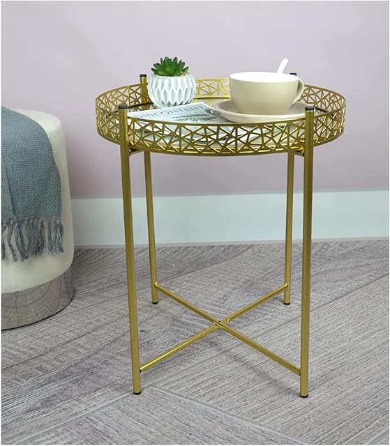 spot on dealz® Gold Metal Mirrored Coffee Tables Round Bedside Table Removable Glass Top Tray Table Chrome Side End Round Glass Kitchen Living Room Home Decor