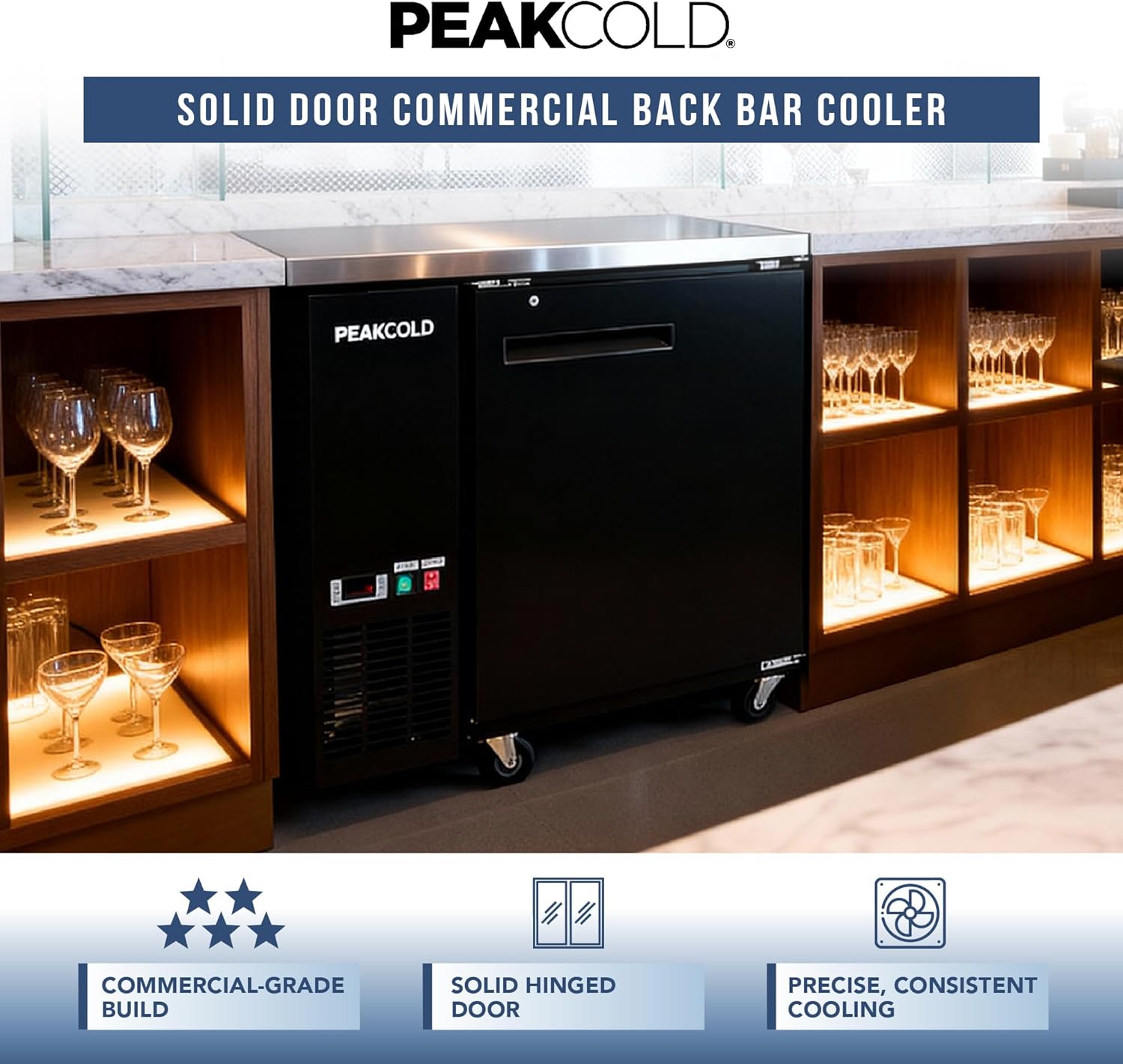 PEAKCOLD 1-Door Counter Height Beverage Refrigerator - 36" Wide Energy Efficient Solid Black Beer Cooler & Bar Fridge With White LED Lighting - Commercial Back Bar Cooler