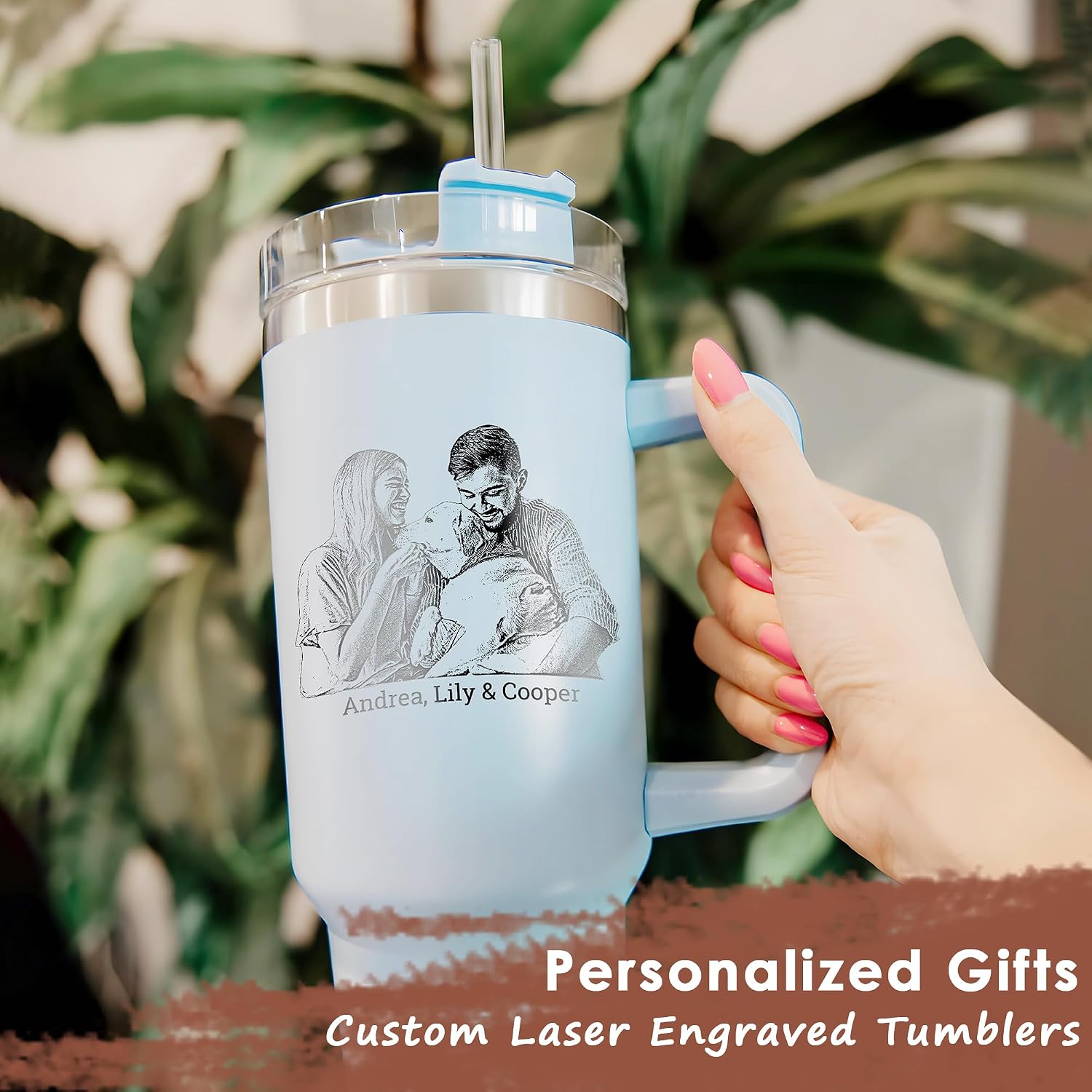 Custom Cat, Pets Photo Personalized Tumbler 40 oz Laser Engraved, Insulated Cup with Handle, Lid and Straw, Vacuum Insulated, Coffee Mug - Custom Name, Text, Image, Personalized Gifts For Cat Mom