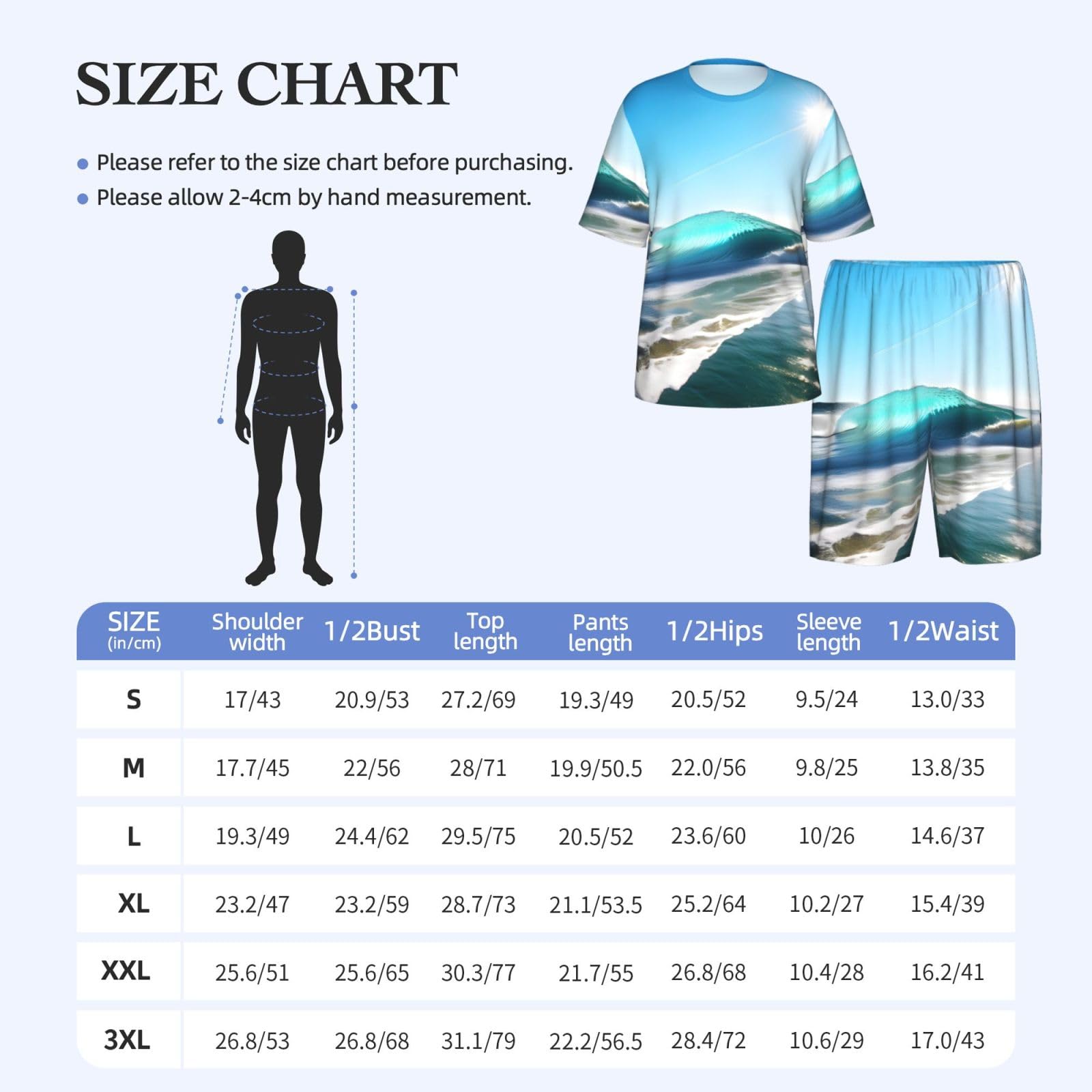 Conjunto de pijama clásico para hombre, estampado de olas de cielo claro, pantalones cortos de pijama suaves para hombre, perfecto para las noches de verano