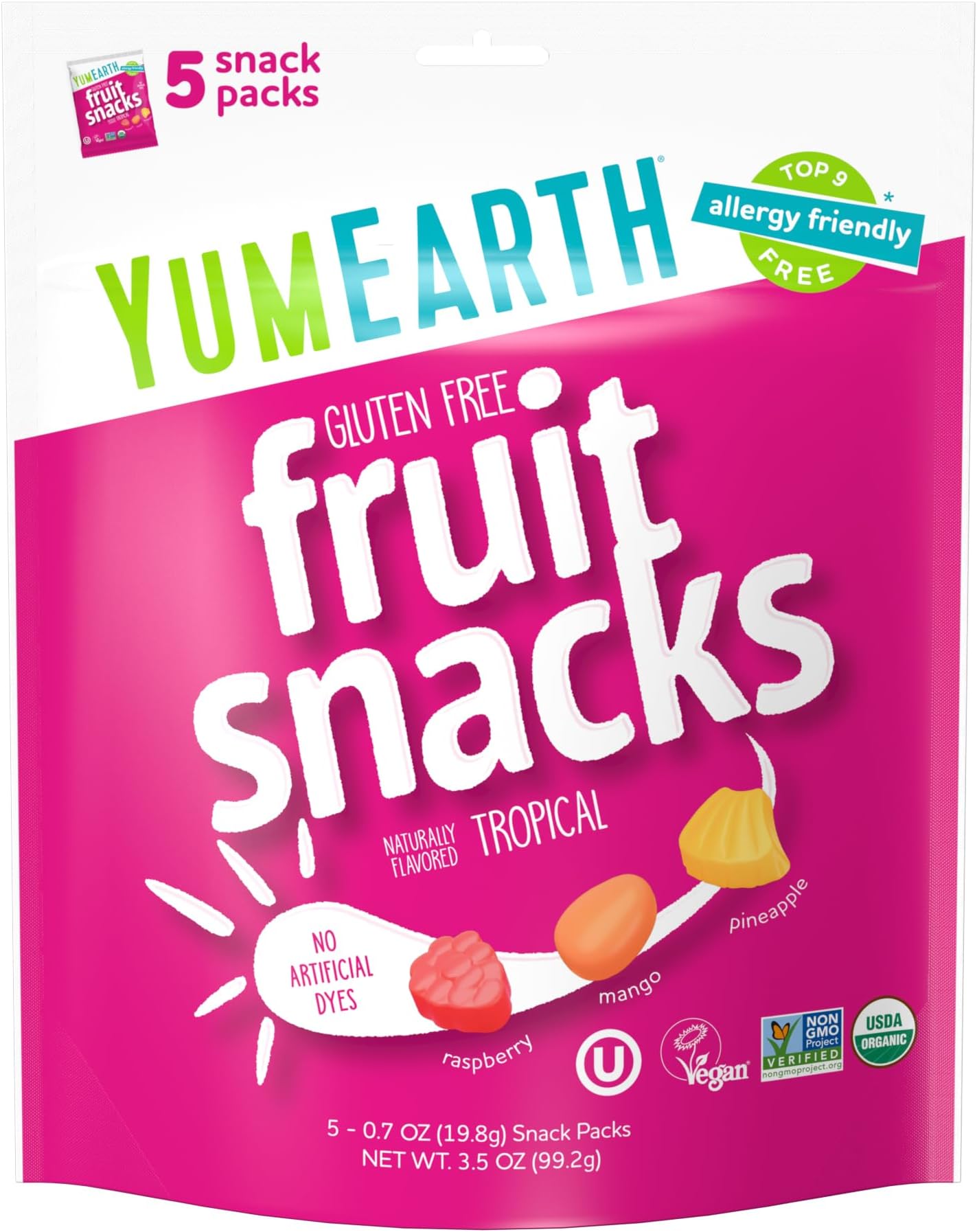 Organic Tropical Fruit Snacks, Tropical Fruit Flavored Snack Packs, Allergy Friendly, Gluten Free, Non-GMO, Vegan, No Artificial Flavors or Dyes (60 Snack Packs)