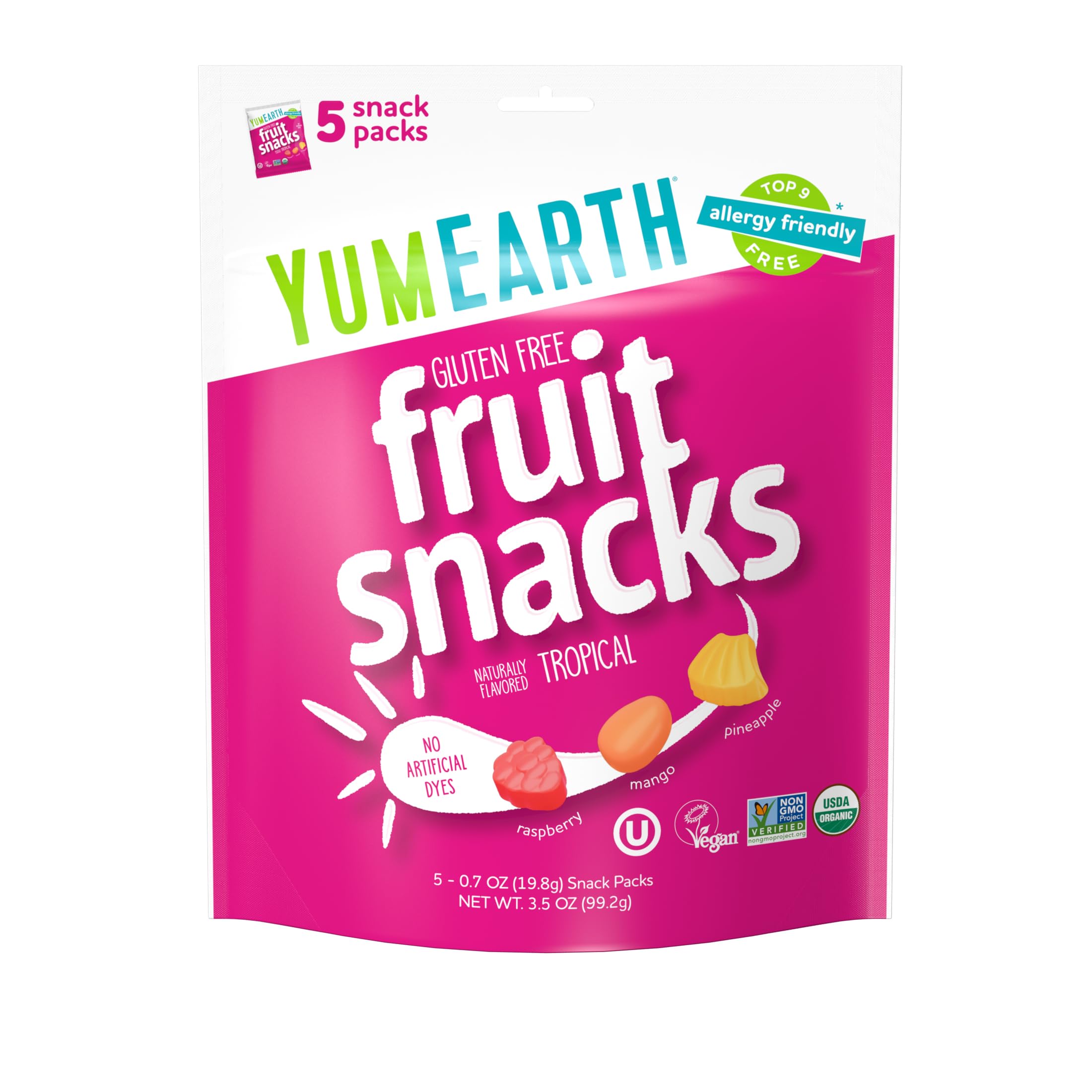 YumEarth Organic Tropical Flavored Fruit Snacks, Individual Snack Packs, Allergy Friendly, Gluten Free, Non-GMO, Vegan, No Artificial Flavors or Dyes (5 Snack Packs)