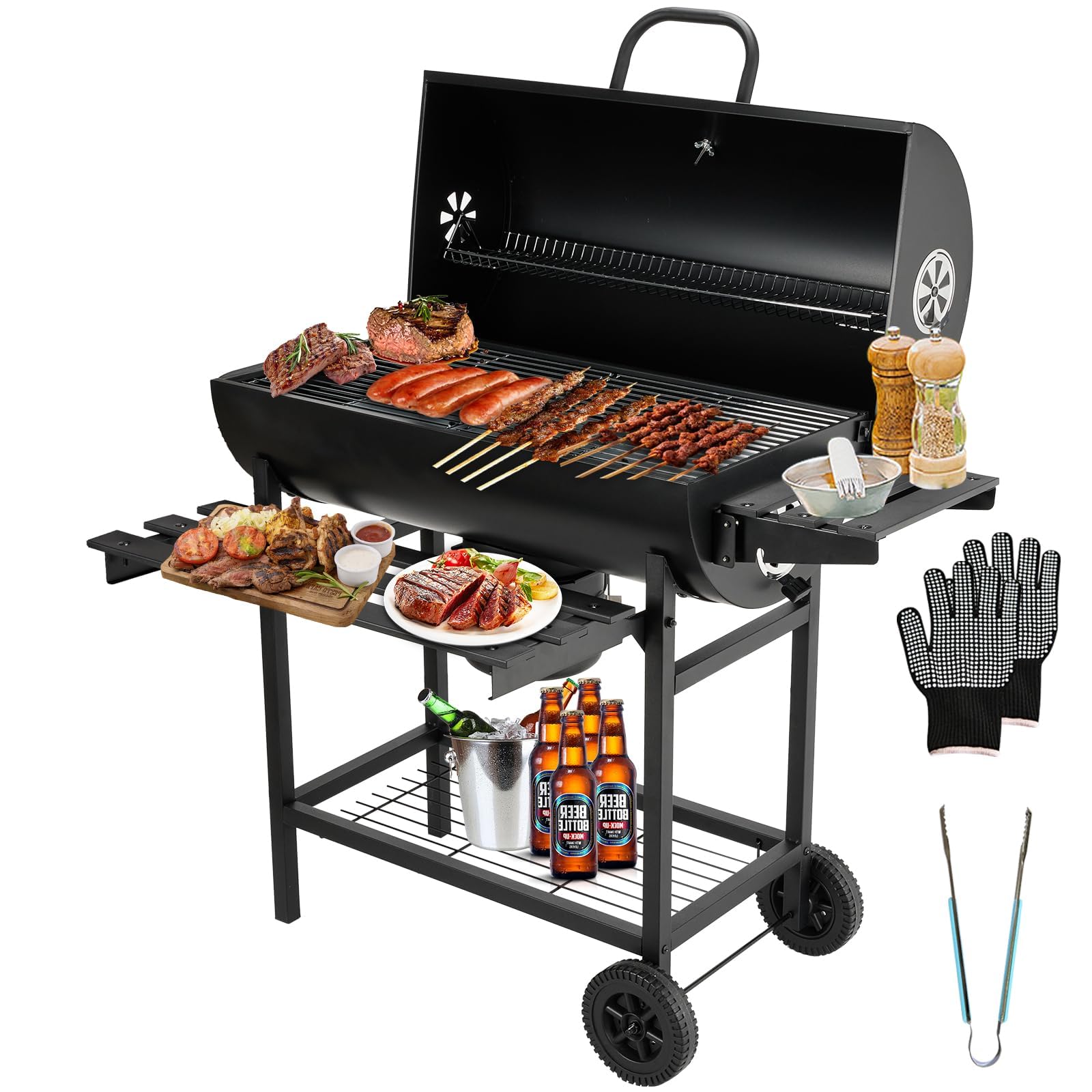 TEENO Parrilla para Barbacoa, Barbacoa de Carbón de Madera con Parrilla de Cocina XXL de Gran Tamaño, Guantes Anti-Quemaduras, Termómetro, Cajón de Cenizas, Ventilación Regulable (Básico)