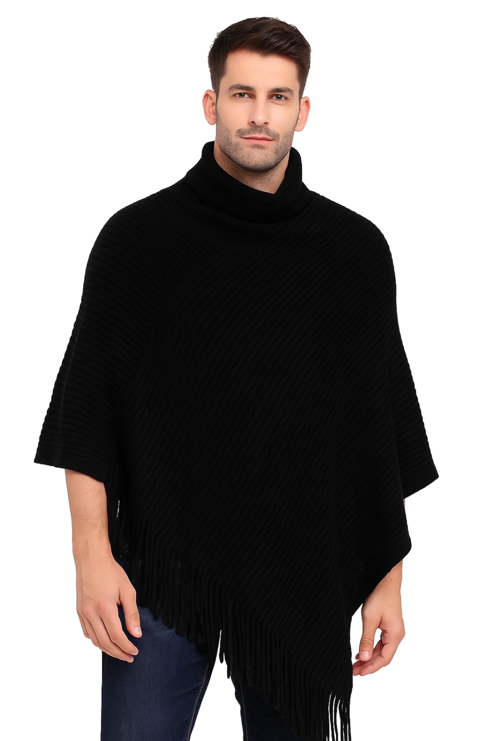 Men's Woolen Kashmiri Solid Turtleneck Neck Poncho with Fringe, Winter Wrap Warm and Soft Wool, Stylish and Comfortable, Perfect for Casual Wear, Outdoor and Travel-image-49
