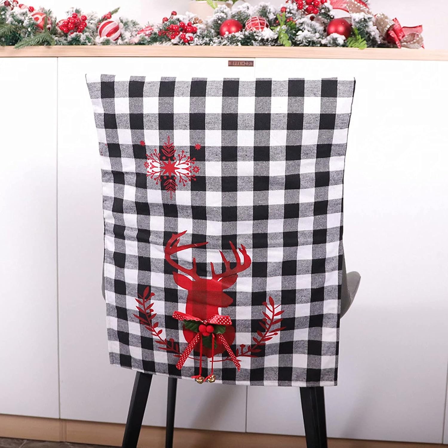 2 Packs Christmas Chair Covers Christmas Reindeer Dining Chair Covers Buffalo Plaid Xmas Chair Back Cover for Holiday Festive Party Decor