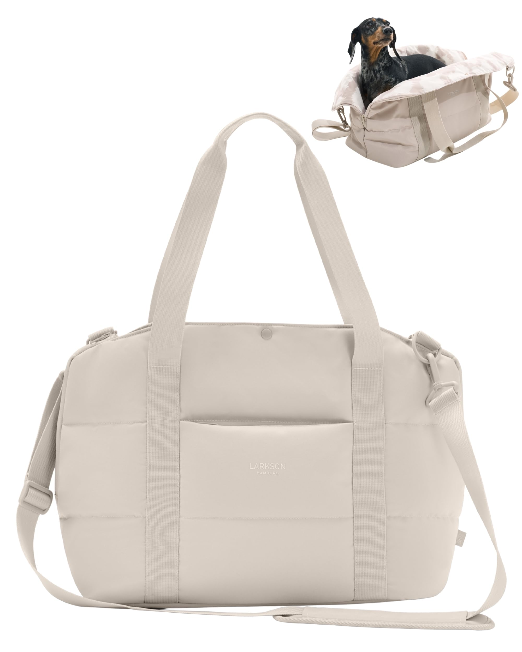 Larkson Hundetragetasche Beige - Frida - Aufklappbare Hundetasche für Kleine Hunde bis 10kg - Transporttasche für Hunde & Katzen - Unterwegs als Körbchen Nutzbar