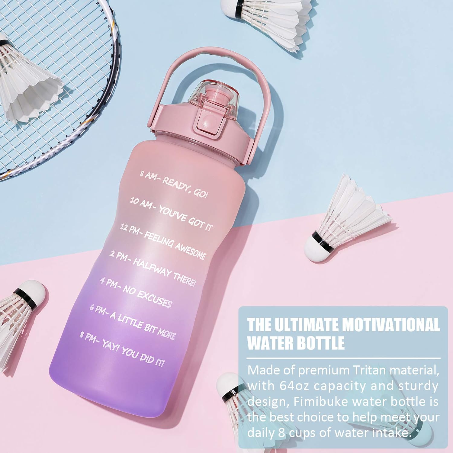 64 OZ/Half Gallon Motivational Water Bottle with Time Marker & Straw - BPA Free Leakproof Tritan Frosted Plastic Big 2L Water Bottle for Women Men Large Water Jug for Fitness Gym Outdoor Sport